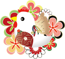 酉 とり 紅型や和風の菊の着物柄と鶏のイラスト