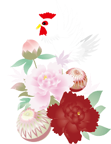酉と飾り羽子板や牡丹の花と菊の花のイラスト