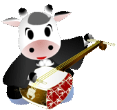 牛のキャラクターに琴と三味線 可愛い稽古始 Akの干支のイラスト